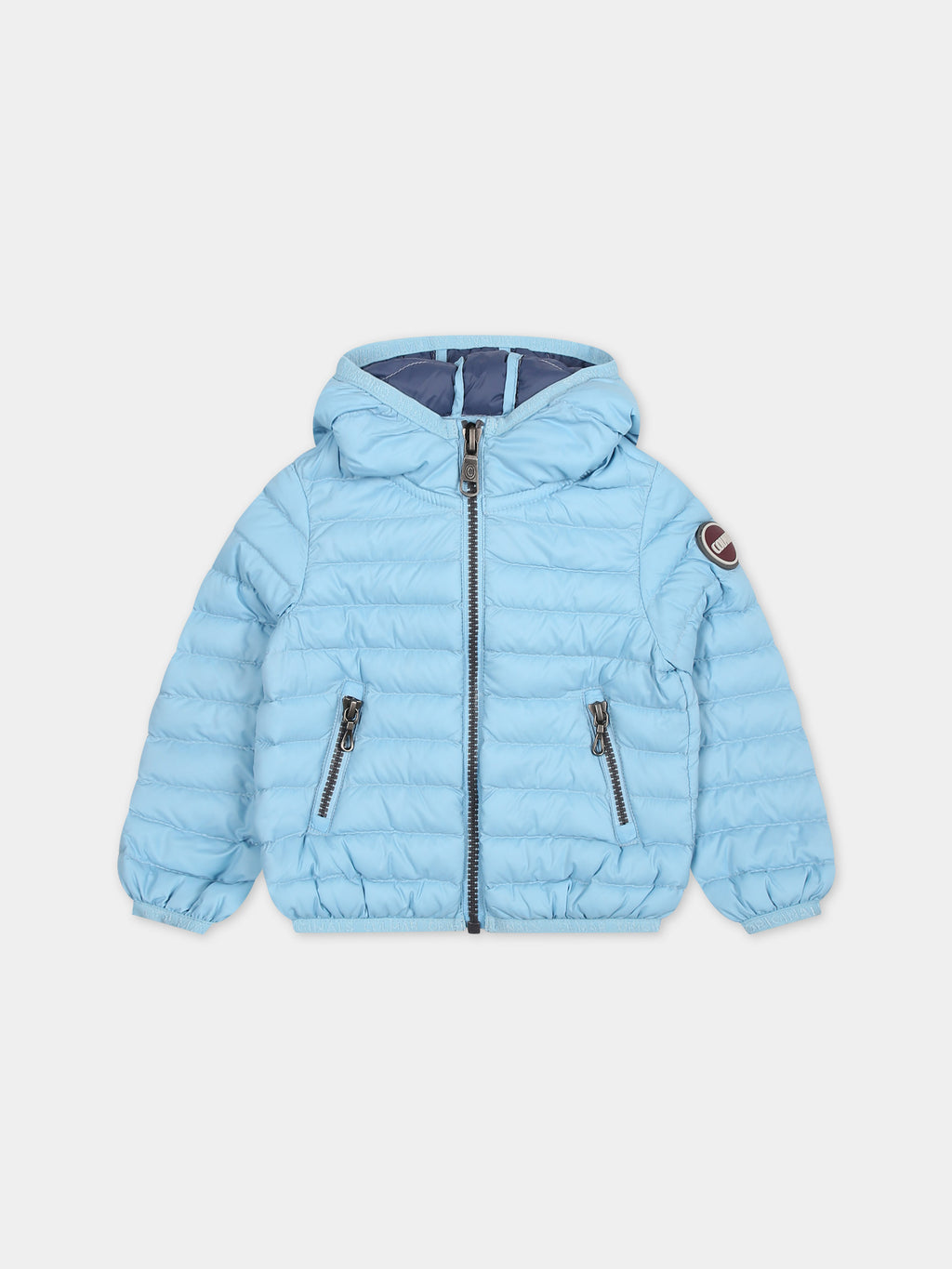 Light blue down jacket for baby boy with logo